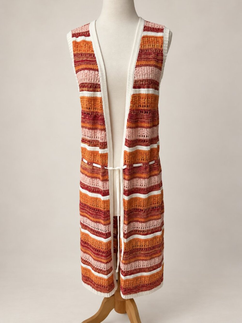Crystal Kobe Pointelle Striped Long Crochet Knit Vest Tangerine Combo M NWOT